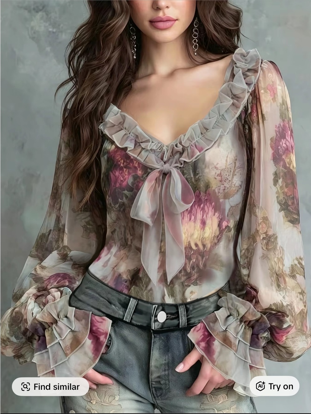 Floral Ruffle Tie-Neck Chiffon Blouse - Pink/Gray/Blue  NWOT